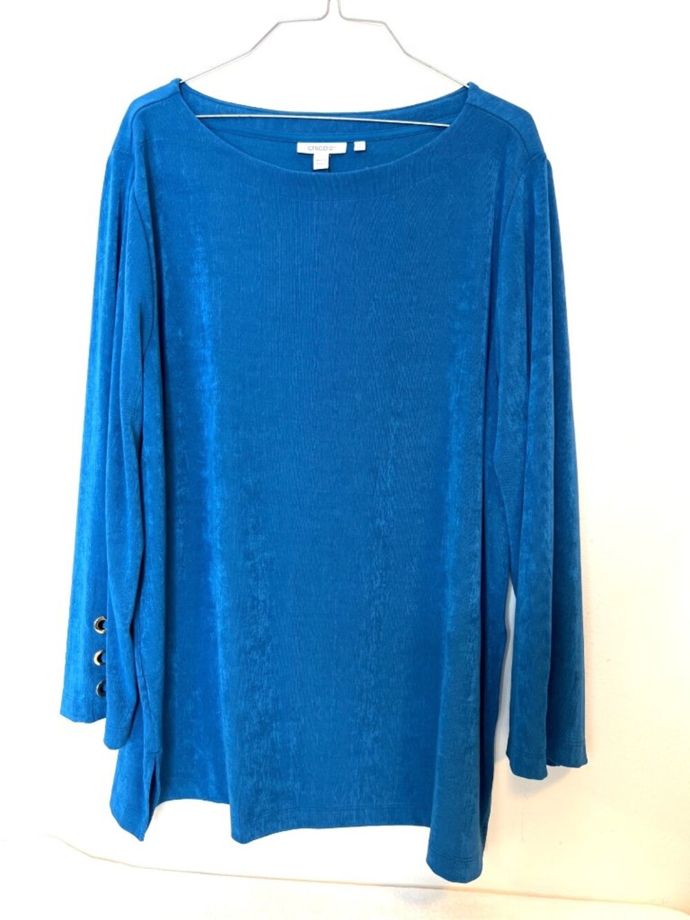 Chico's Large Travelers Slinky Blue grommet Long Sleeves Blouse Top NWT SZ 4 XXL